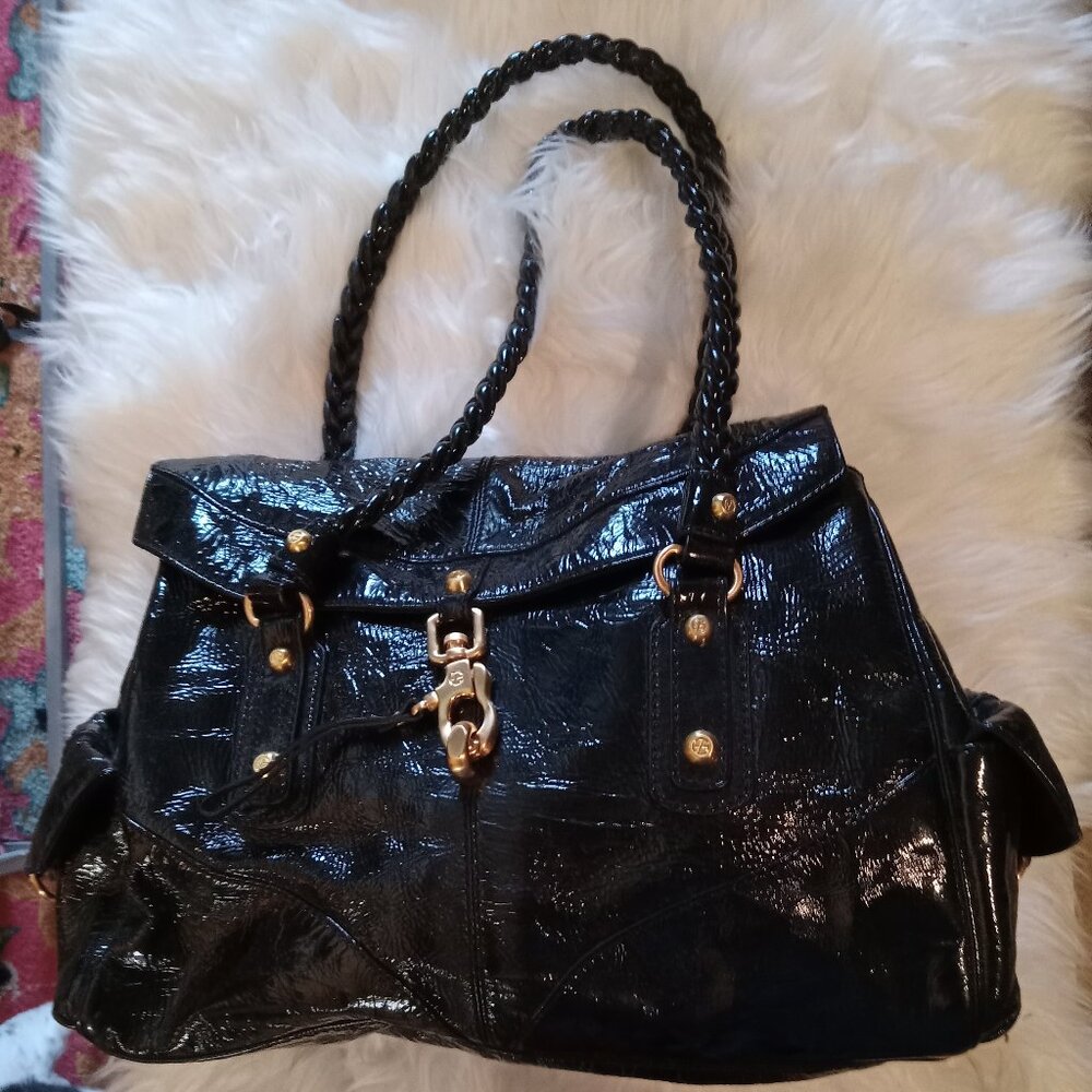 New Vintage Patent Leather Satchel with Gold Hardware